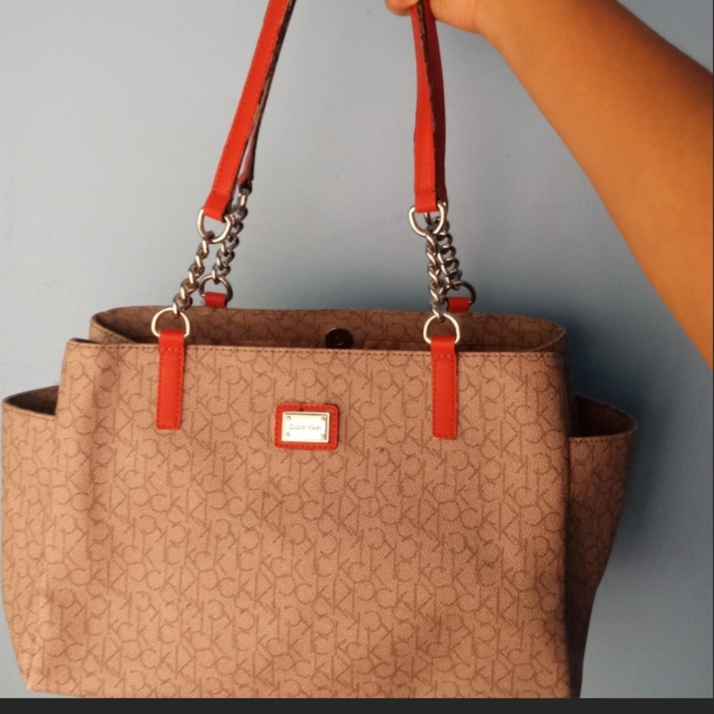 Calvin Klein Tan Tote with Red Handles